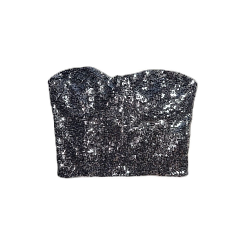 Forever 21 Silver/Black Sequin Bustier Tube Top with Built-in Bra, Small